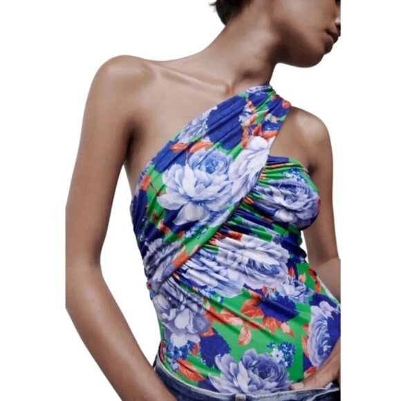 NWOT Zara Multicolor Floral Asymmetrical Draped Bodysuit Size Small OneShoulder - Picture 2 of 7